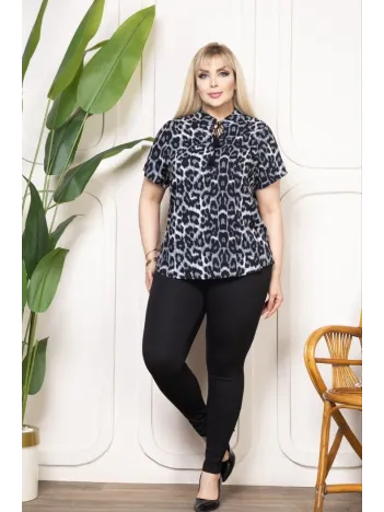 Kadın Desenli Püsküllü Viskon Bluz Bebe Yaka Kısa Kollu Big Size Rahat Kesim - Desenli