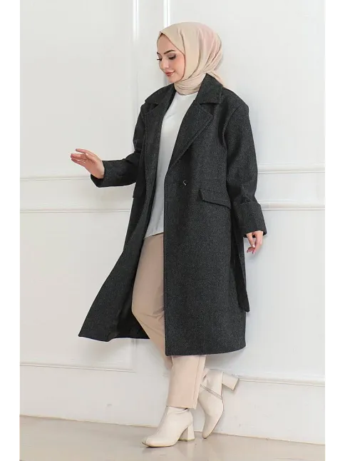 Kadın Kaşe Kaban Uzun Boy 115 Cm Kruvaze Yaka Kuşaklı Astarlı Tesettür Kaban Yünlü - Siyah