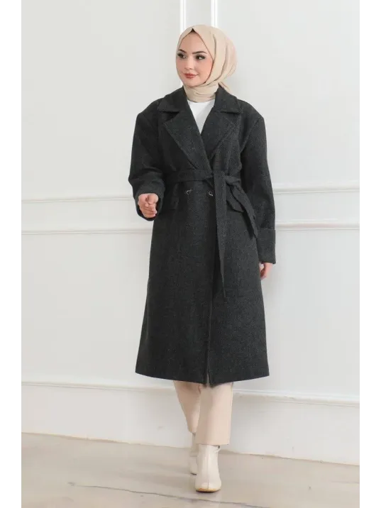 Kadın Kaşe Kaban – Uzun Boy 115 cm Kruvaze Yaka Kuşaklı Astarlı Kışlık Tesettür Kaban, Yünlü Dokuma Kaşmir Kumaş, Cepli Oversize Rahat Kalıp Şık Modern Kaban Mont Modeli (Günlük ve Özel Gün Kombinlerine Uygun) - Siyah