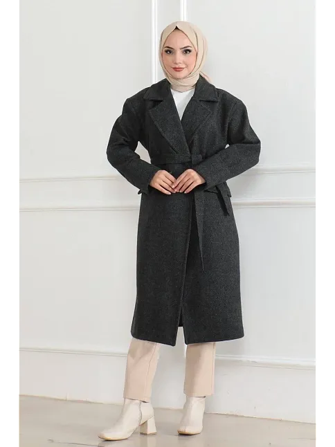 Kadın Kaşe Kaban Uzun Boy 115 Cm Kruvaze Yaka Kuşaklı Astarlı Tesettür Kaban Yünlü - Siyah