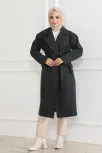 Kadın Kaşe Kaban – Uzun Boy 115 Cm Kruvaze Yaka Kuşaklı Astarlı Kışlık Tesettür Kaban, Yünlü Dokuma Kaşmir Kumaş, Cepli Oversize Rahat Kalıp Şık Modern Kaban Mont Modeli (günlük Ve Özel Gün Kombinlerine Uygun) - Siyah
