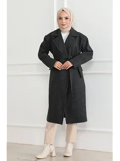 Kadın Kaşe Kaban Uzun Boy 115 Cm Kruvaze Yaka Kuşaklı Astarlı Tesettür Kaban Yünlü - Siyah