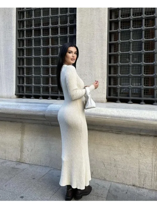 Bisiklet Yaka Fitilli Uzun Elbise - Beyaz