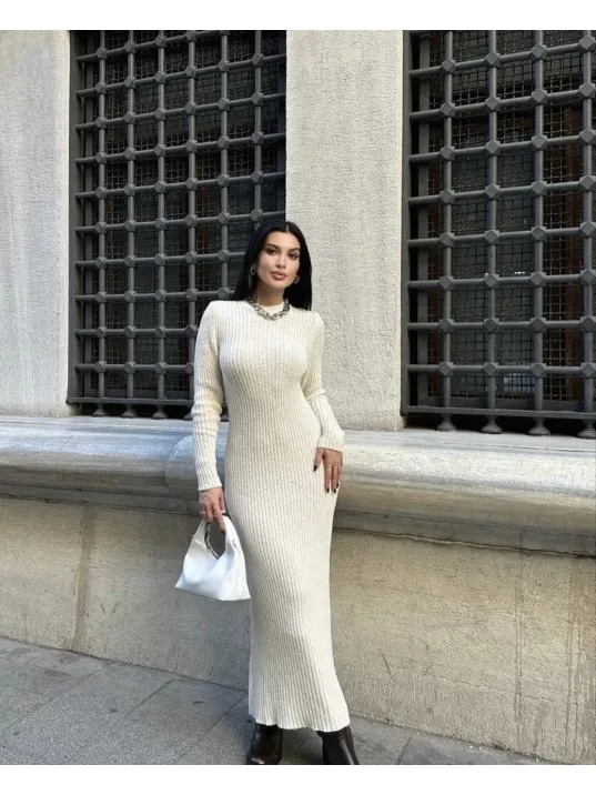 Bisiklet Yaka Fitilli Uzun Elbise - Beyaz