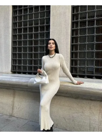 Bisiklet Yaka Fitilli Uzun Elbise - Beyaz Bisiklet Yaka Fitilli Uzun Elbise - Beyaz