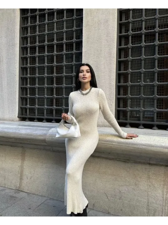 Bisiklet Yaka Fitilli Uzun Elbise - Beyaz