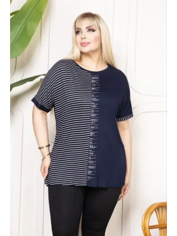 Kadın Büyük Beden Taş Detaylı Çizgili Viskon Tişört Bisiklet Yaka Rahat Kesim - Lacivert