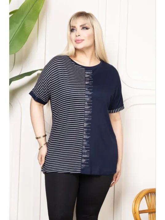 Kadın Büyük Beden Taş Detaylı Çizgili Viskon Tişört Bisiklet Yaka Rahat Kesim - Lacivert