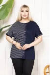 Kadın Büyük Beden Taş Detaylı Çizgili Viskon Tişört Bisiklet Yaka Rahat Kesim - Lacivert