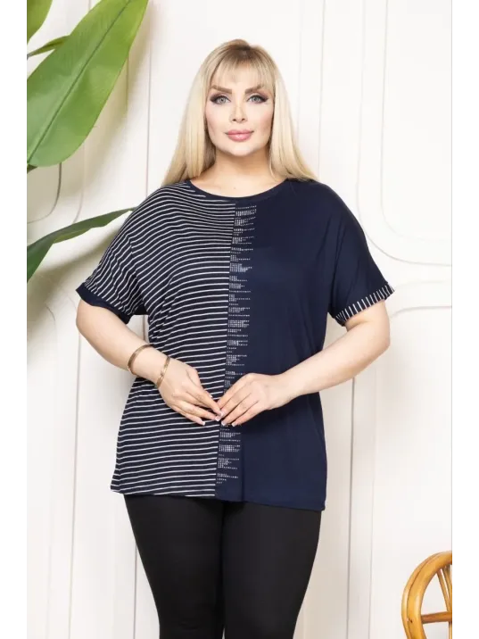 Kadın Büyük Beden Taş Detaylı Çizgili Viskon Tişört Bisiklet Yaka Rahat Kesim - Lacivert