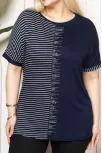Kadın Büyük Beden Taş Detaylı Çizgili Viskon Tişört Bisiklet Yaka Rahat Kesim - Lacivert