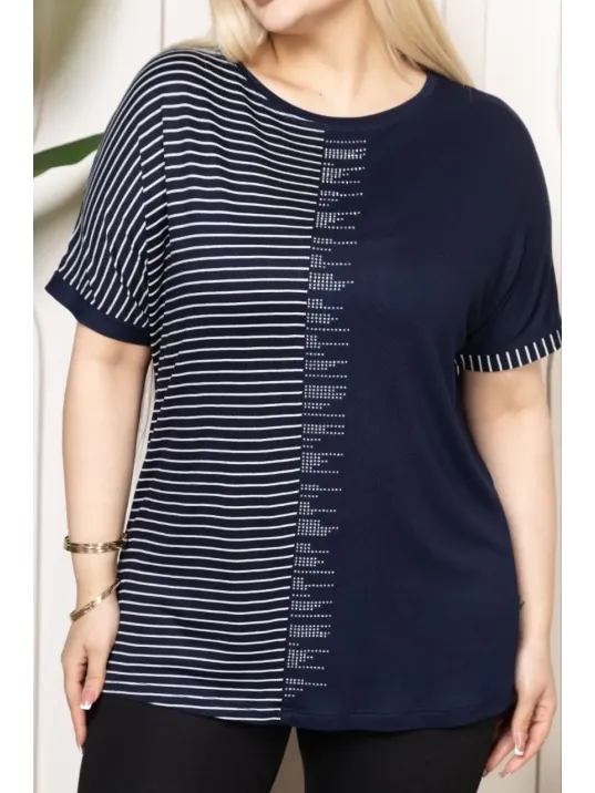 Kadın Büyük Beden Taş Detaylı Çizgili Viskon Tişört Bisiklet Yaka Rahat Kesim - Lacivert