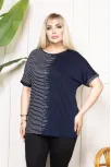 Kadın Büyük Beden Taş Detaylı Çizgili Viskon Tişört Bisiklet Yaka Rahat Kesim - Lacivert