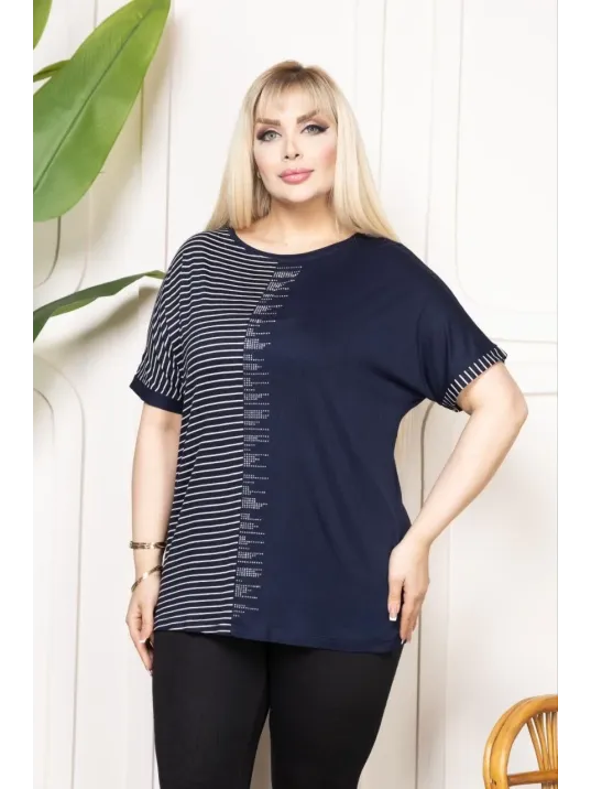 Kadın Büyük Beden Taş Detaylı Çizgili Viskon Tişört Bisiklet Yaka Rahat Kesim - Lacivert
