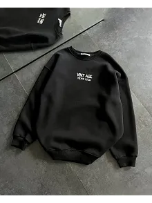 Bisiklet Yaka Üç İplik Baskılı Oversize Sweatshirt - Siyah