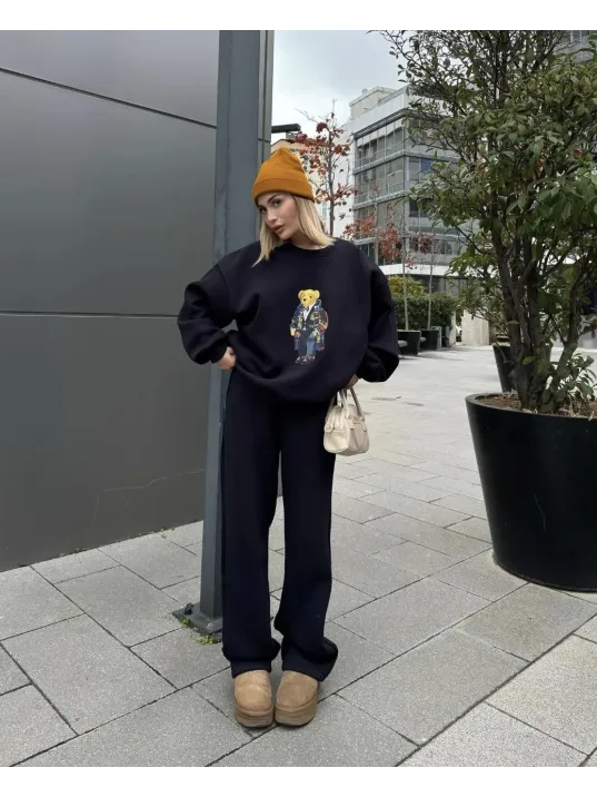 Bisiklet Yaka Üç İplik Sweat Takım - Siyah Bisiklet Yaka Üç İplik Sweat Takım - Siyah