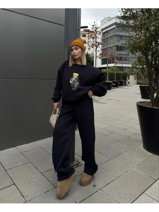 Bisiklet Yaka Üç İplik Sweat Takım - Siyah Bisiklet Yaka Üç İplik Sweat Takım - Siyah