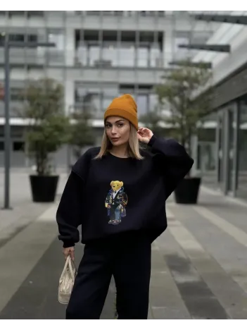 Bisiklet Yaka Üç İplik Sweat Takım - Siyah Bisiklet Yaka Üç İplik Sweat Takım - Siyah