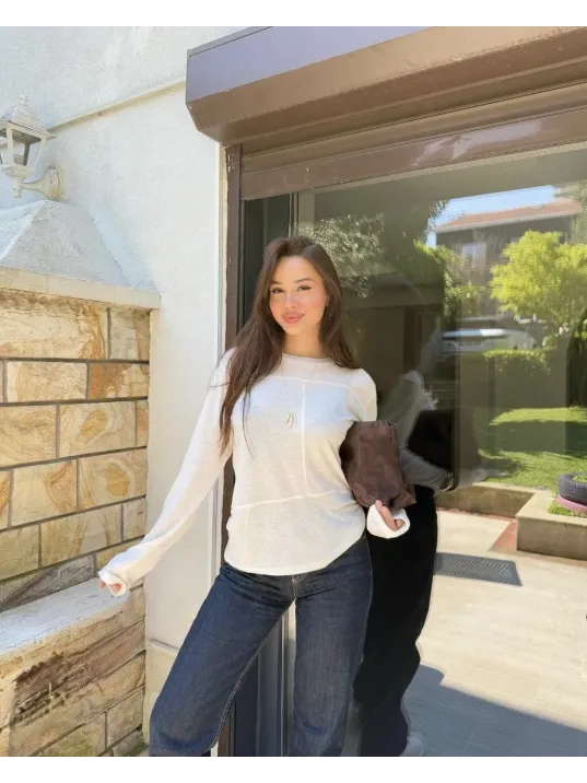 Bisiklet Yaka Uzun Kollu Bluz - Beyaz