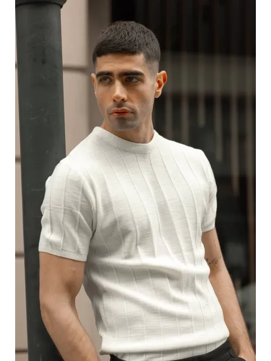 Erkek Biskilet Yaka Triko T-shirt - Beyaz Erkek Biskilet Yaka Triko T-shirt - Beyaz