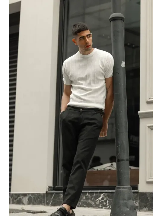 Erkek Biskilet Yaka Triko T-shirt - Beyaz Erkek Biskilet Yaka Triko T-shirt - Beyaz