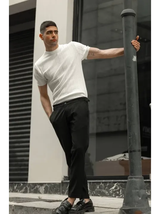 Erkek Biskilet Yaka Triko T-shirt - Beyaz Erkek Biskilet Yaka Triko T-shirt - Beyaz