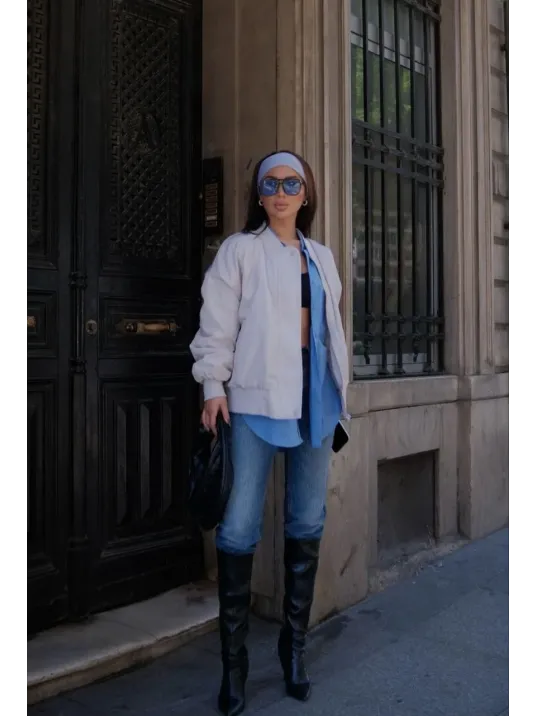 Cepli Bomber Ceket Mont - Beyaz Cepli Bomber Ceket Mont - Beyaz