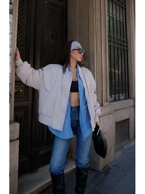 Cepli Bomber Ceket Mont - Beyaz