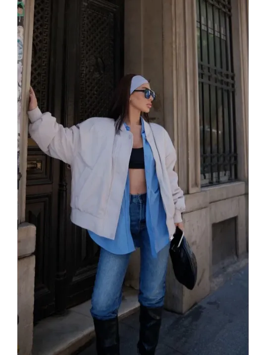 Cepli Bomber Ceket Mont - Beyaz Cepli Bomber Ceket Mont - Beyaz