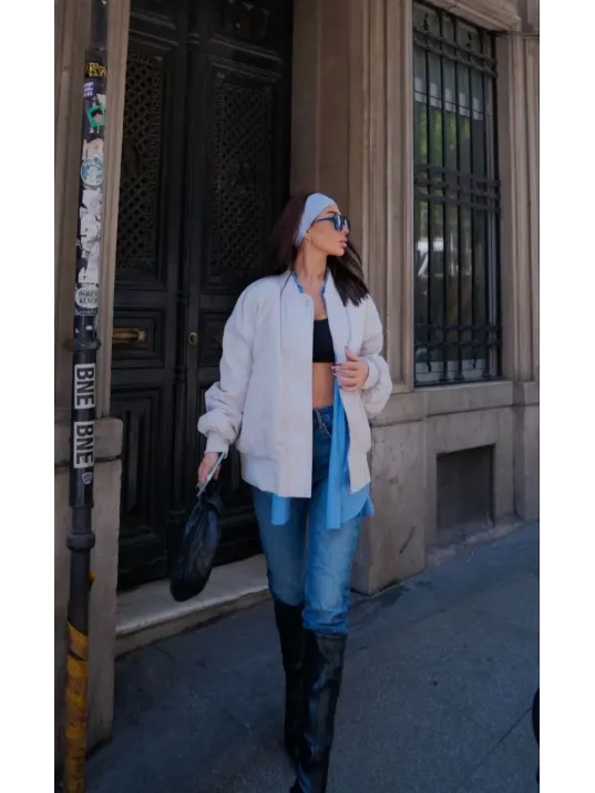 Cepli Bomber Ceket Mont - Beyaz Cepli Bomber Ceket Mont - Beyaz