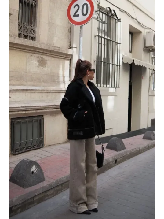 Cıt Cıt Detaylı Peluş Mont Ceket - Siyah Cıt Cıt Detaylı Peluş Mont Ceket - Siyah