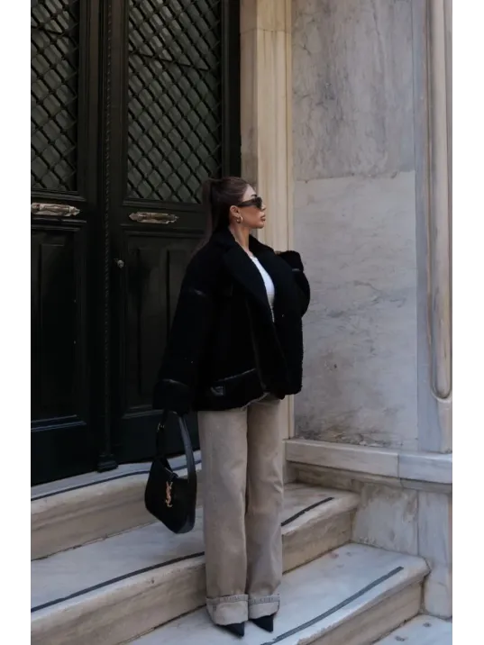 Cıt Cıt Detaylı Peluş Mont Ceket - Siyah Cıt Cıt Detaylı Peluş Mont Ceket - Siyah