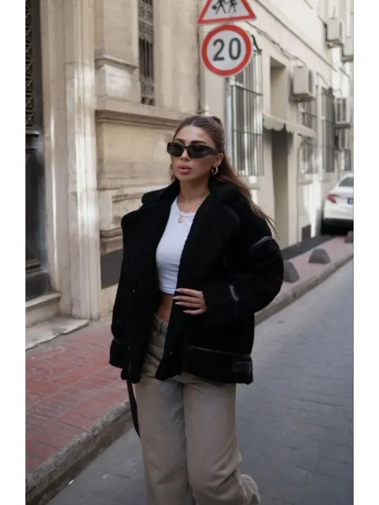 Cıt Cıt Detaylı Peluş Mont Ceket - Siyah Cıt Cıt Detaylı Peluş Mont Ceket - Siyah