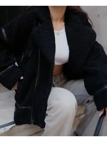 Cıt Cıt Detaylı Peluş Mont Ceket - Siyah Cıt Cıt Detaylı Peluş Mont Ceket - Siyah