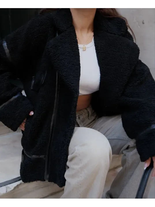 Cıt Cıt Detaylı Peluş Mont Ceket - Siyah Cıt Cıt Detaylı Peluş Mont Ceket - Siyah