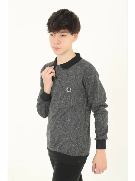 Çocuk Selanik Yaka Nakışlı Kazak - Gri