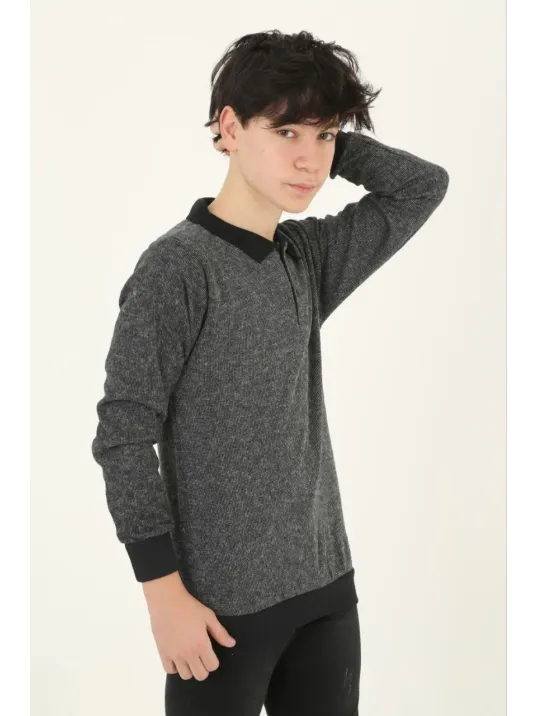 Çocuk Selanik Yaka Nakışlı Kazak - Gri