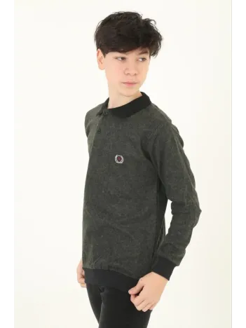 Çocuk Selanik Yaka Nakışlı Kazak - Haki