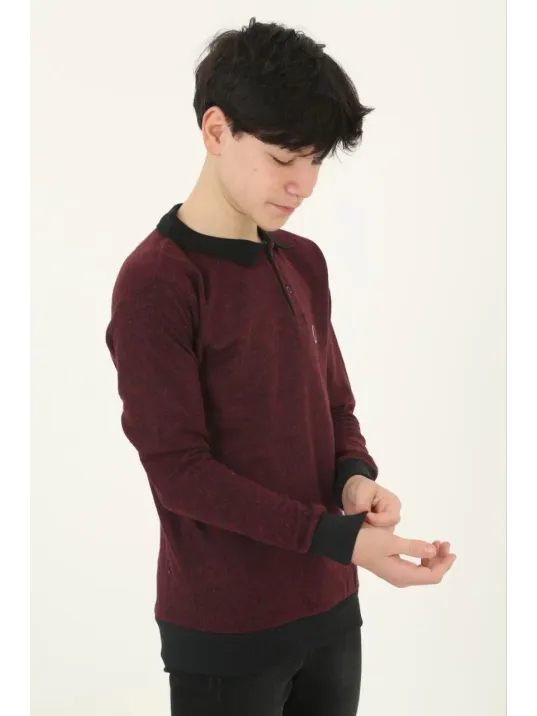 Çocuk Selanik Yaka Nakışlı Kazak - Kırmızı