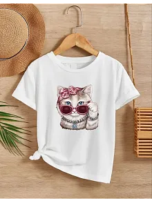 Kız Çocuk Bisiklet Yaka Baskılı T-shirt - Beyaz