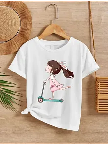 Kız Çocuk Bisiklet Yaka Baskılı T-shirt - Beyaz