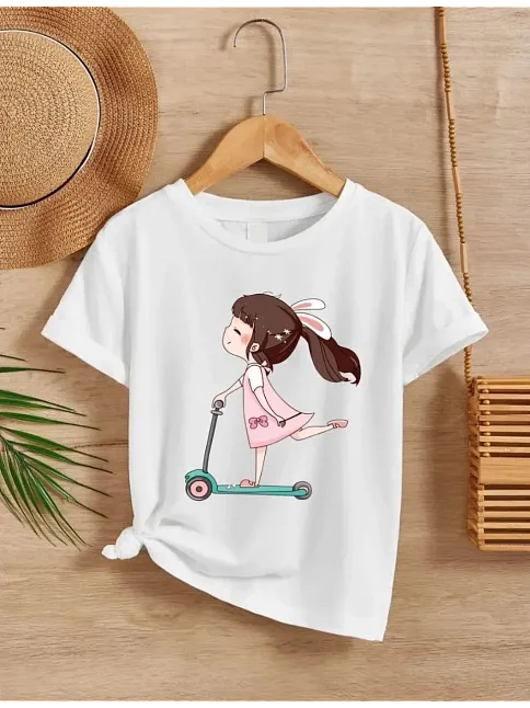 Kız Çocuk Bisiklet Yaka Baskılı T-shirt - Beyaz