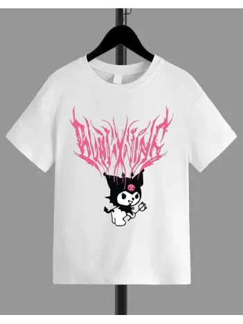 Kız Çocuk Bisiklet Yaka Baskılı T-shirt - Beyaz