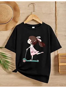 Kız Çocuk Bisiklet Yaka Baskılı T-shirt - Siyah