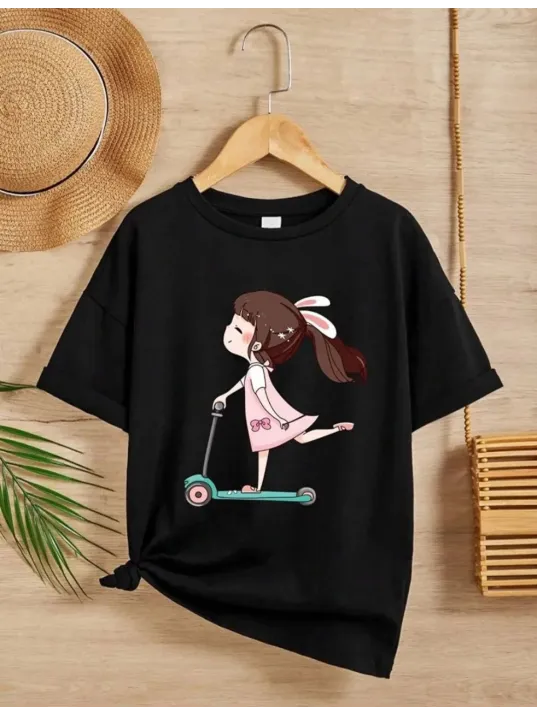 Kız Çocuk Bisiklet Yaka Baskılı T-shirt - Siyah Kız Çocuk Bisiklet Yaka Baskılı T-shirt - Siyah