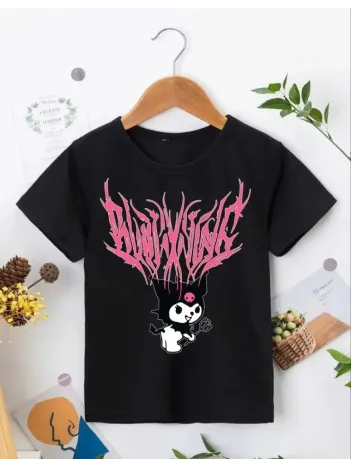 Kız Çocuk Bisiklet Yaka Baskılı T-Shirt - Siyah Kız Çocuk Bisiklet Yaka Baskılı T-Shirt - Siyah