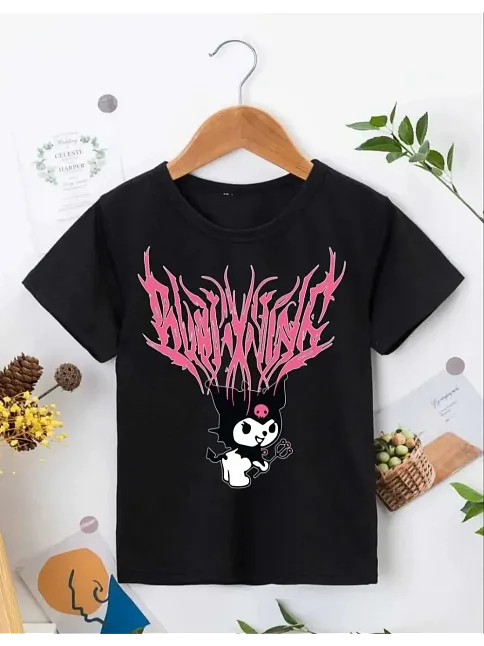 Kız Çocuk Bisiklet Yaka Baskılı T-shirt - Siyah