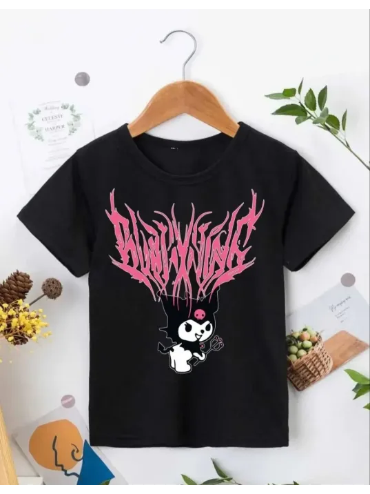 Kız Çocuk Bisiklet Yaka Baskılı T-Shirt - Siyah Kız Çocuk Bisiklet Yaka Baskılı T-Shirt - Siyah