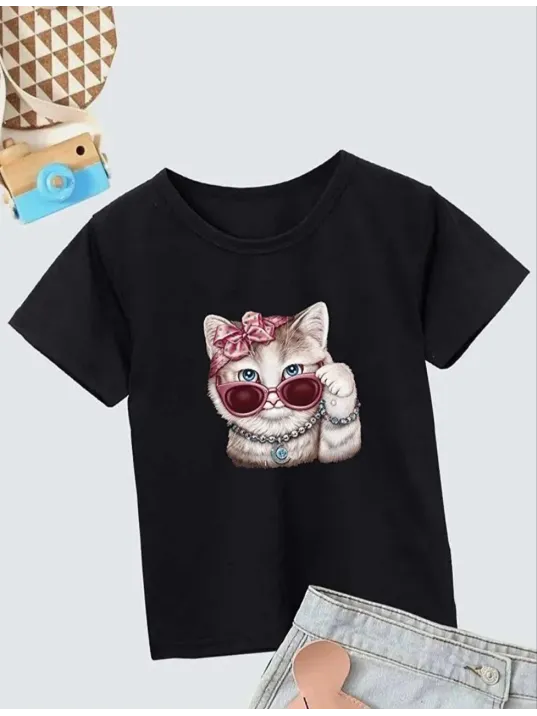 Kız Çocuk Bisiklet Yaka Baskılı T-Shirt - Siyah Kız Çocuk Bisiklet Yaka Baskılı T-Shirt - Siyah