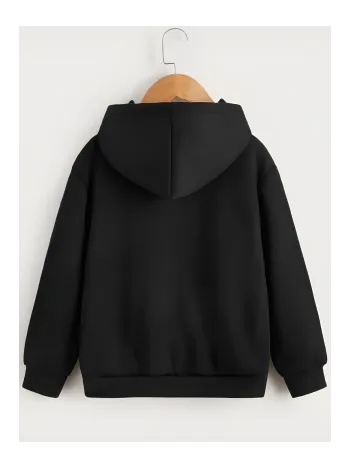 Çocuk Unisex Kapüşonlu Çizgi Kalp Baskılı Sweatshirt - Siyah